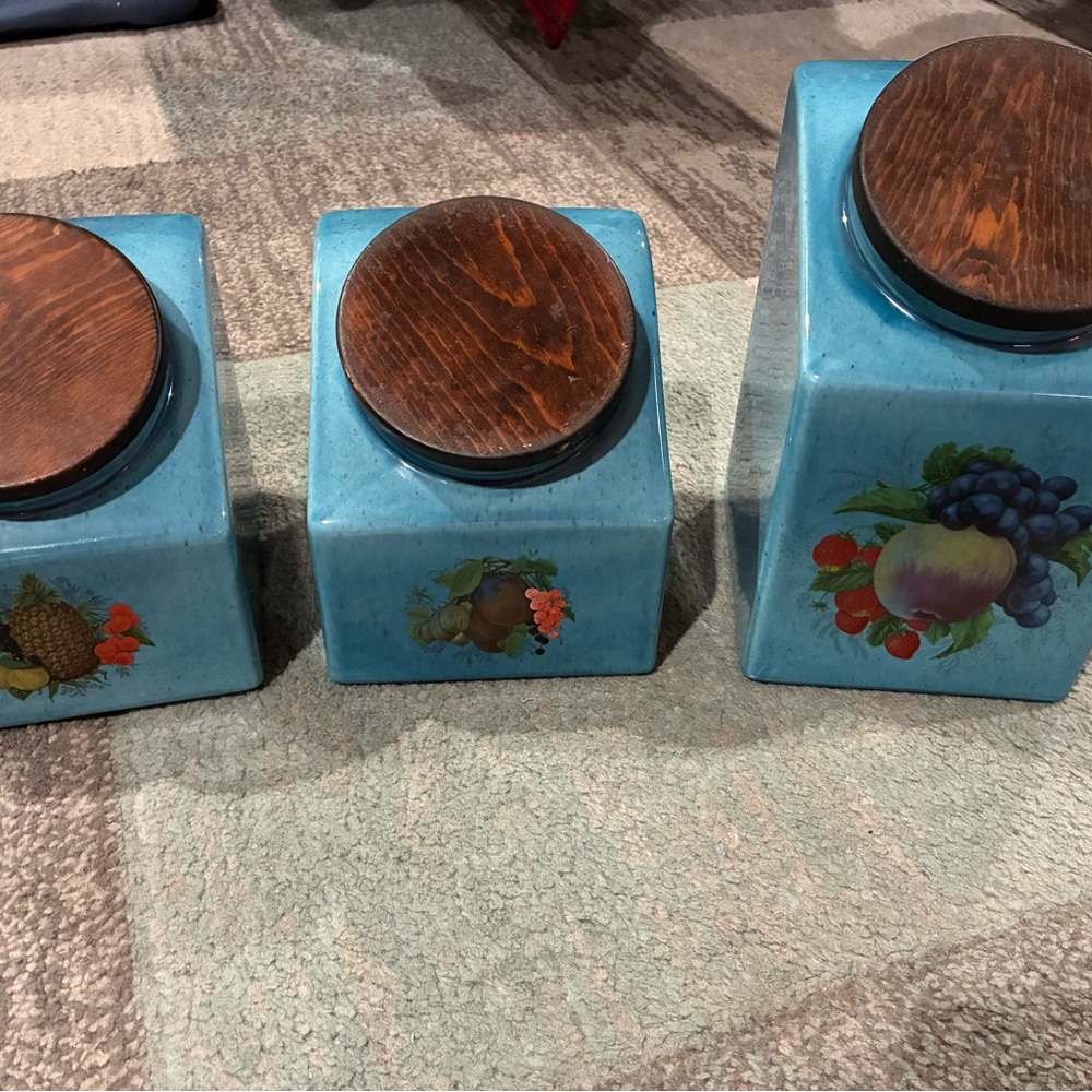 Blue Ceramic Canister Set with Wooden Lids - Brand